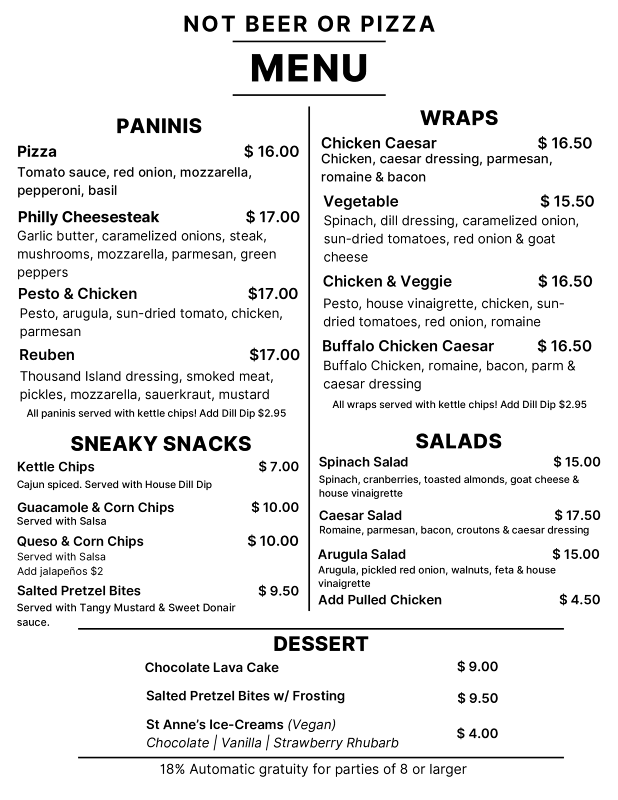 Not Beer or Pizza Menu