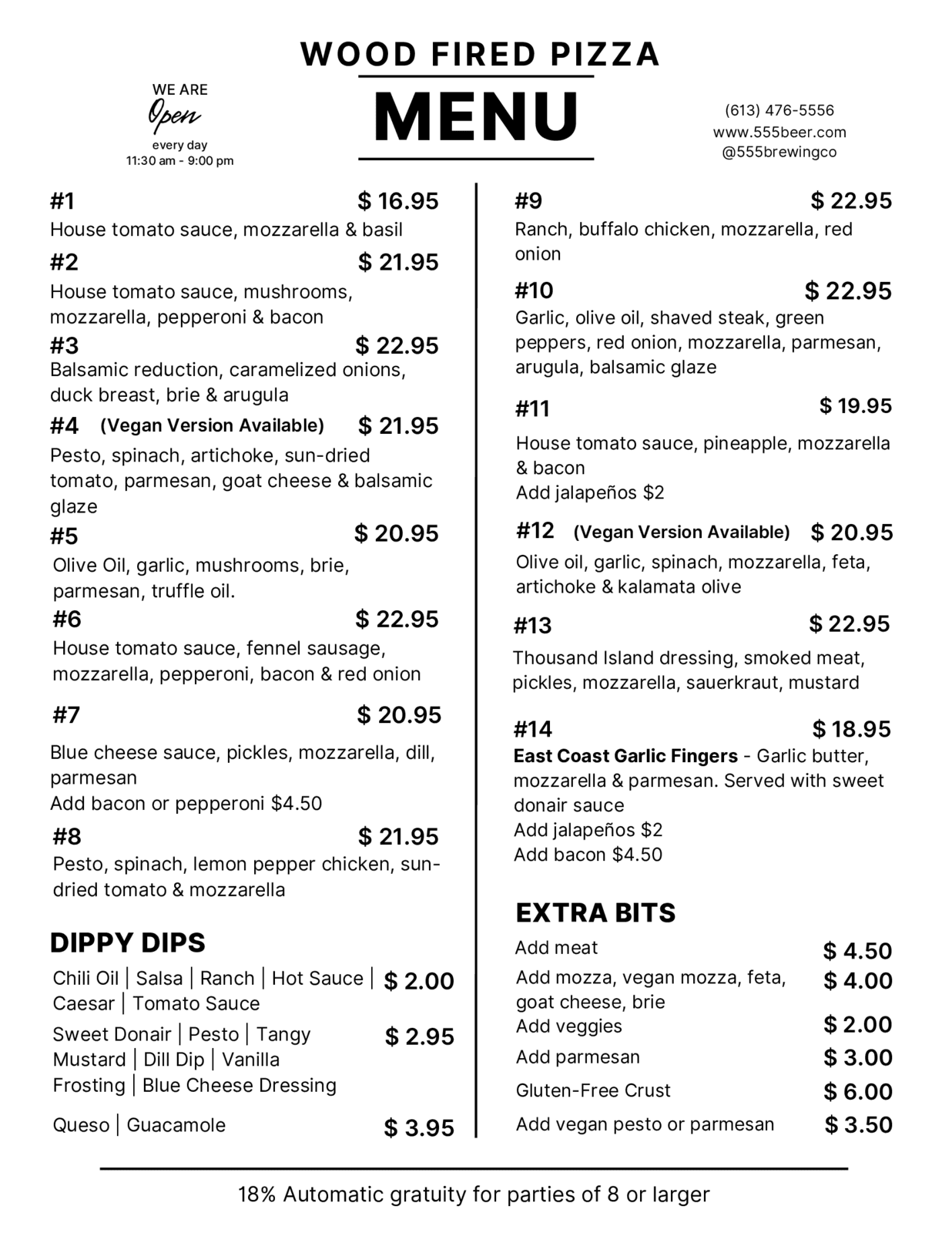 Wood Fired Pizza Menu