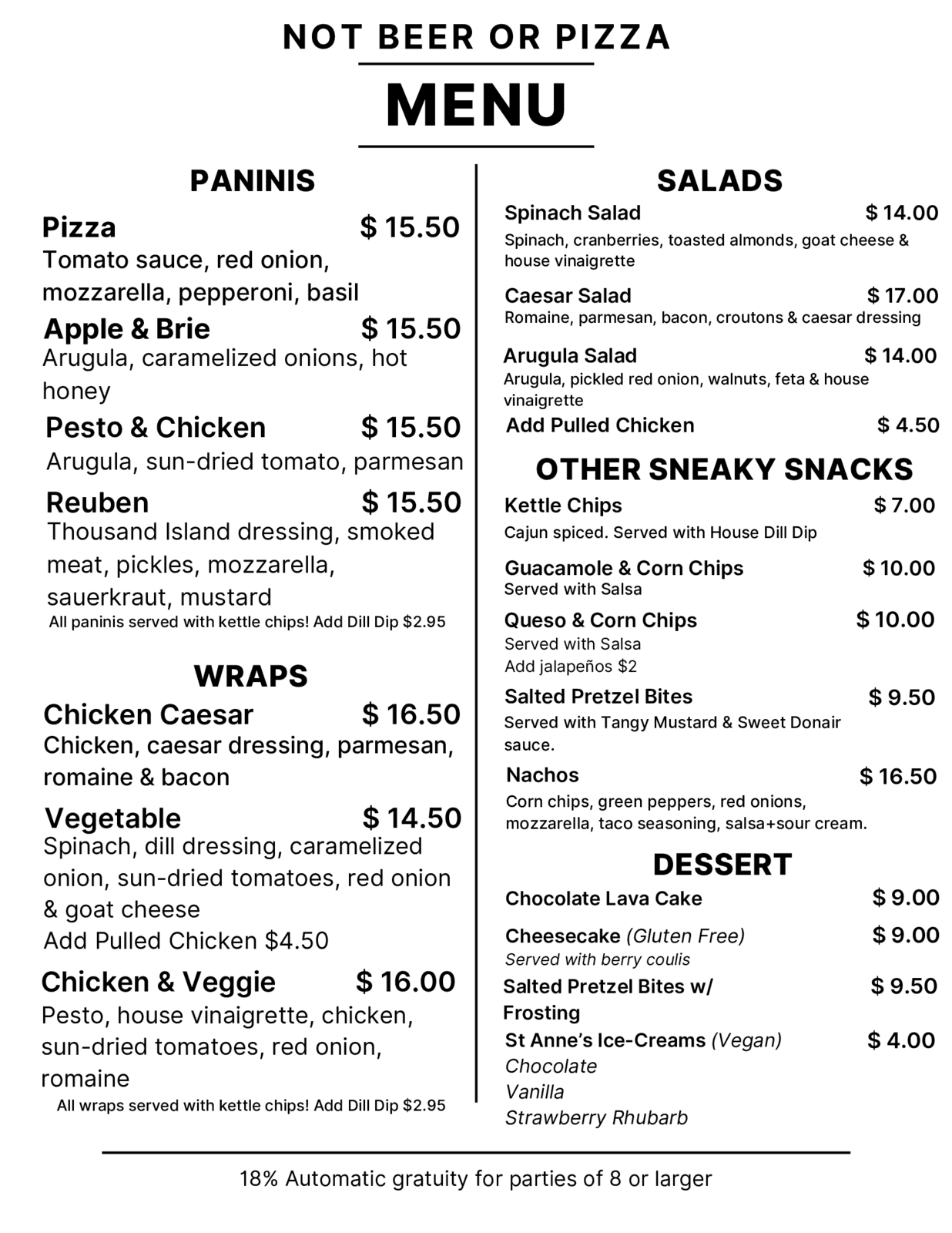 Not Beer or Pizza Menu