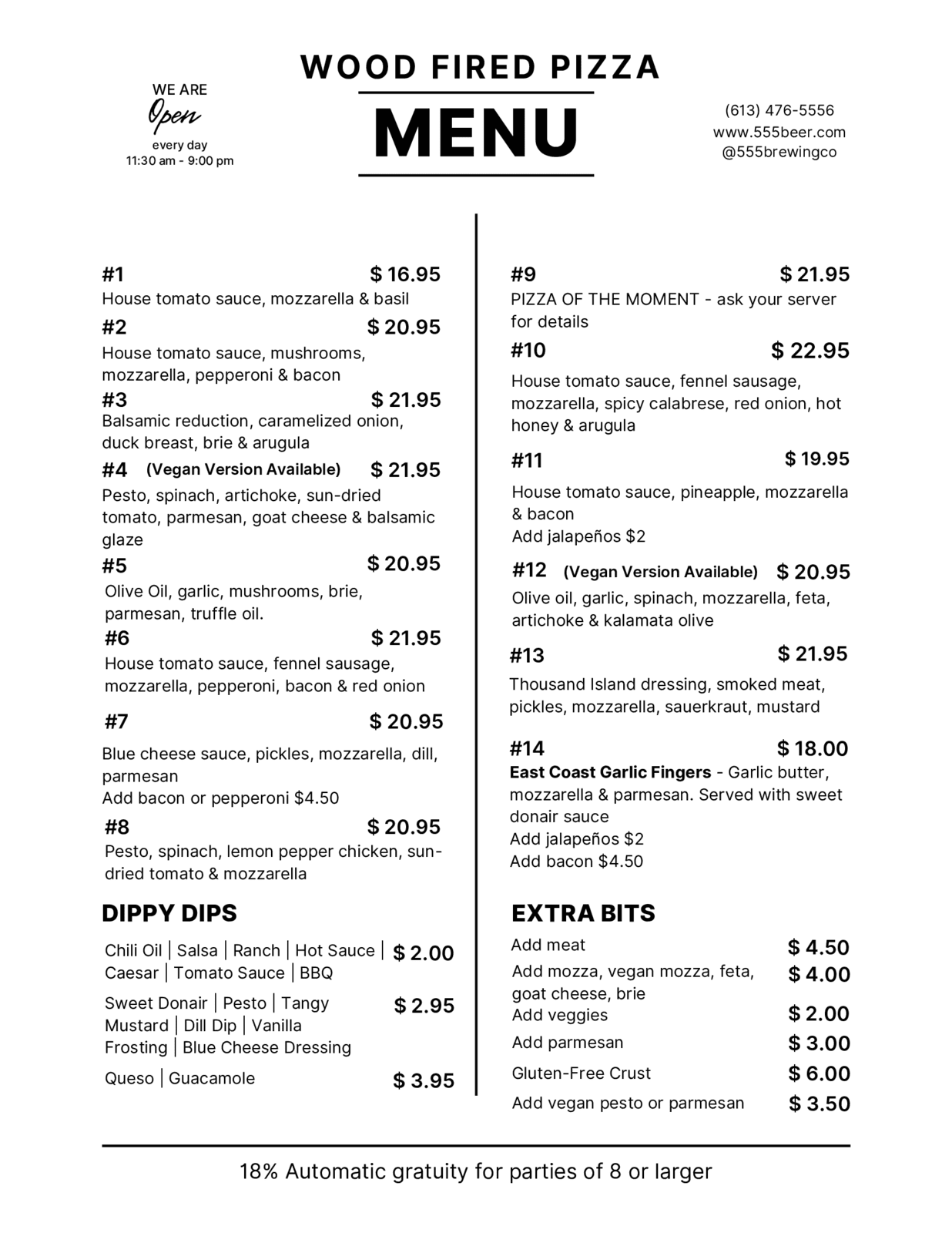 Wood Fired Pizza Menu