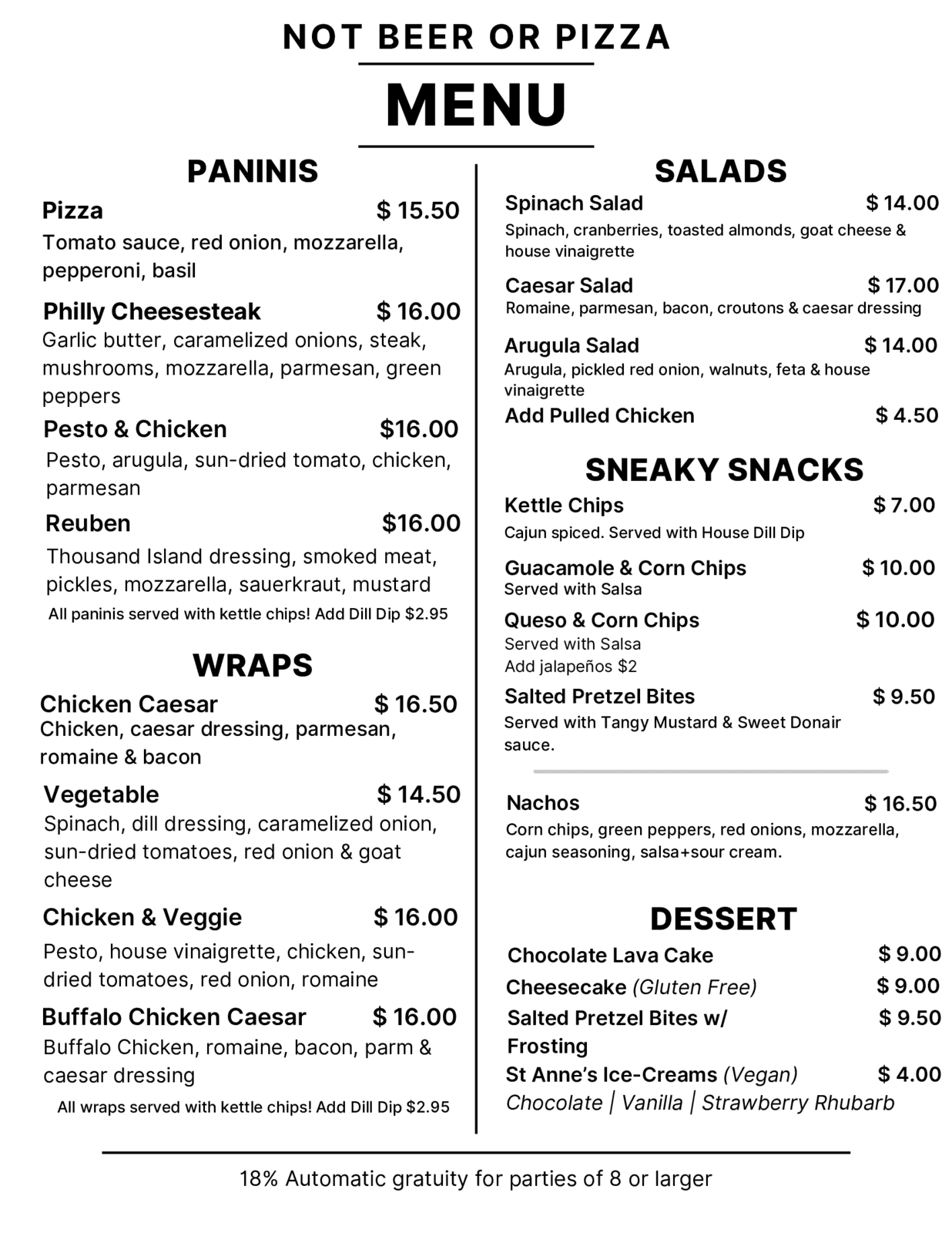 Not Beer or Pizza Menu