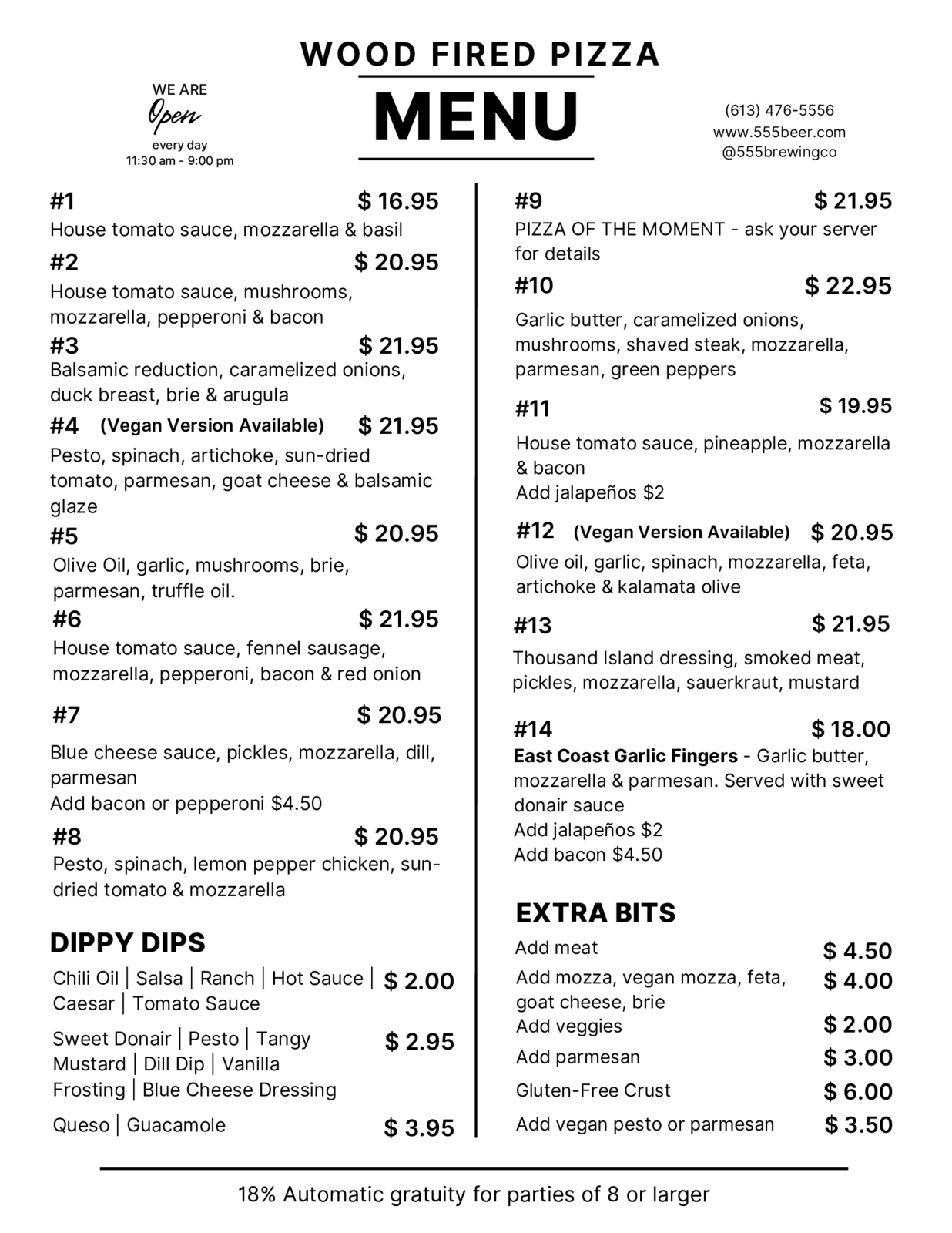 Wood Fired Pizza Menu