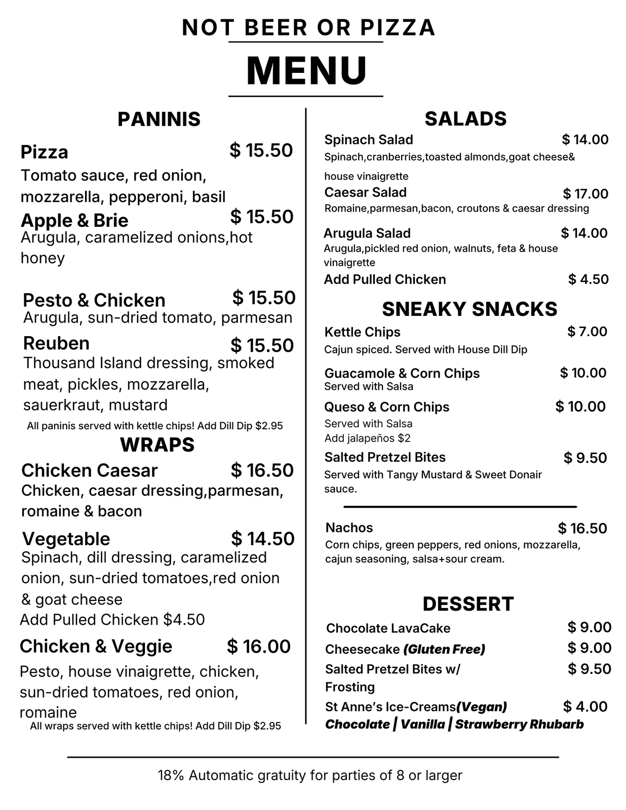 Not Beer or Pizza Menu