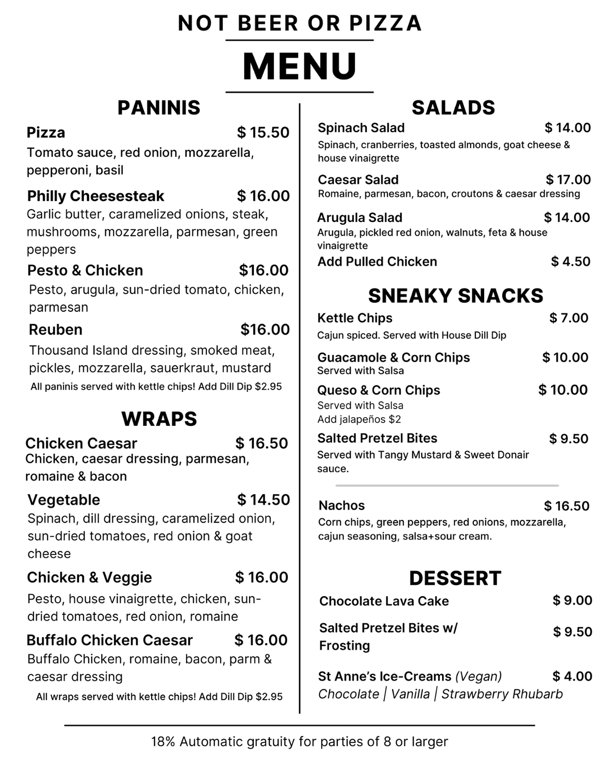 Not Beer or Pizza Menu